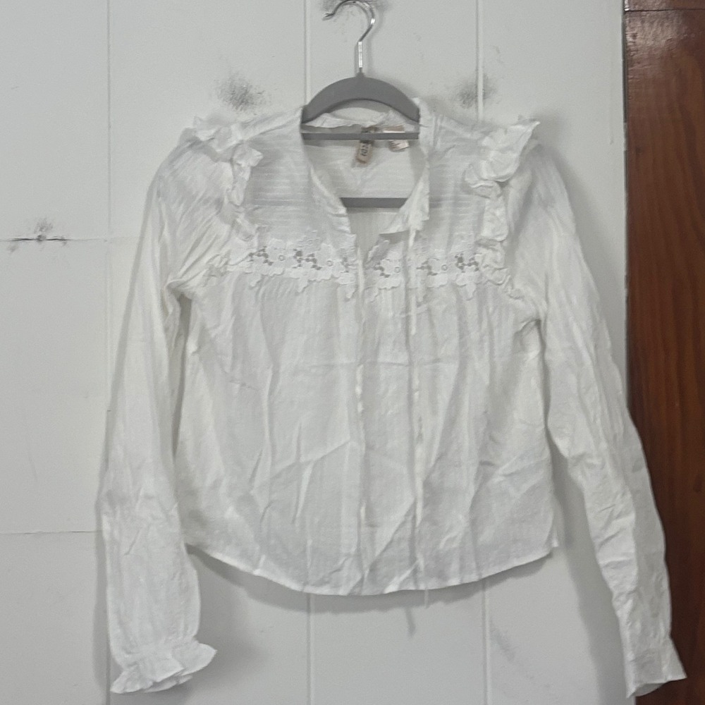 HM Divided White Ruffle Lace Crochet Dobby Tie Neck Blouse XXS